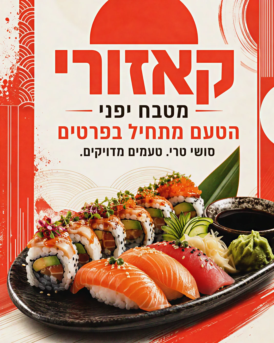 פוסטר עבור קאזורי, מסעדת סושי ומטבח יפני, עם מגש סושי וסלוגן ״הטעם מתחיל בפרטים״